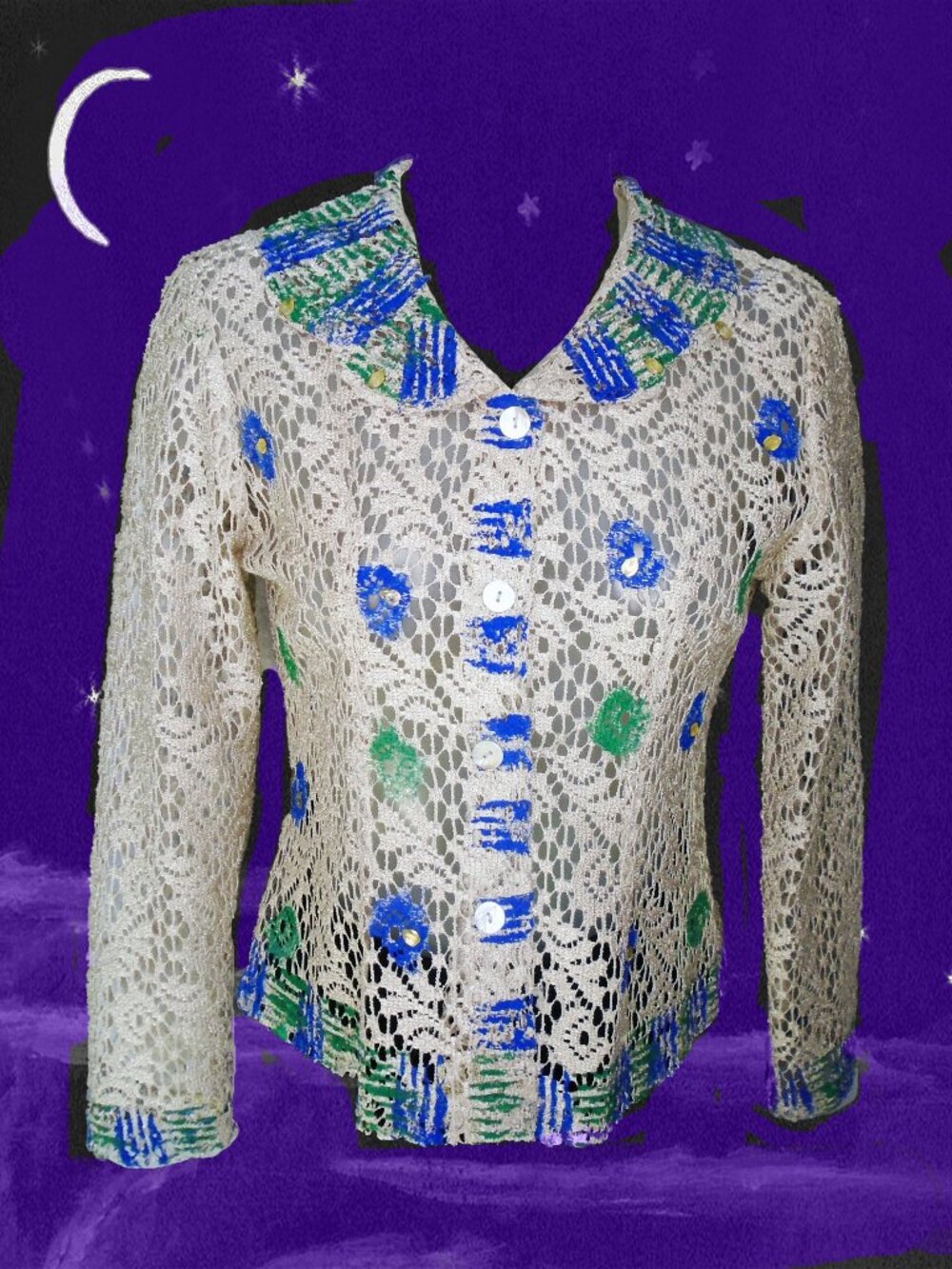 Lace Blouse Top Jeweled & Painted Edgy Imperfection Art 80s Vintage